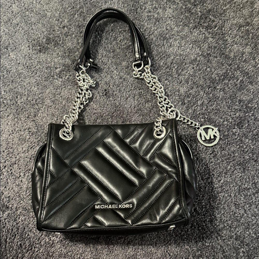 Michael Kors Black Quilted Leather Shoulder Bag with Silver Chain Trim